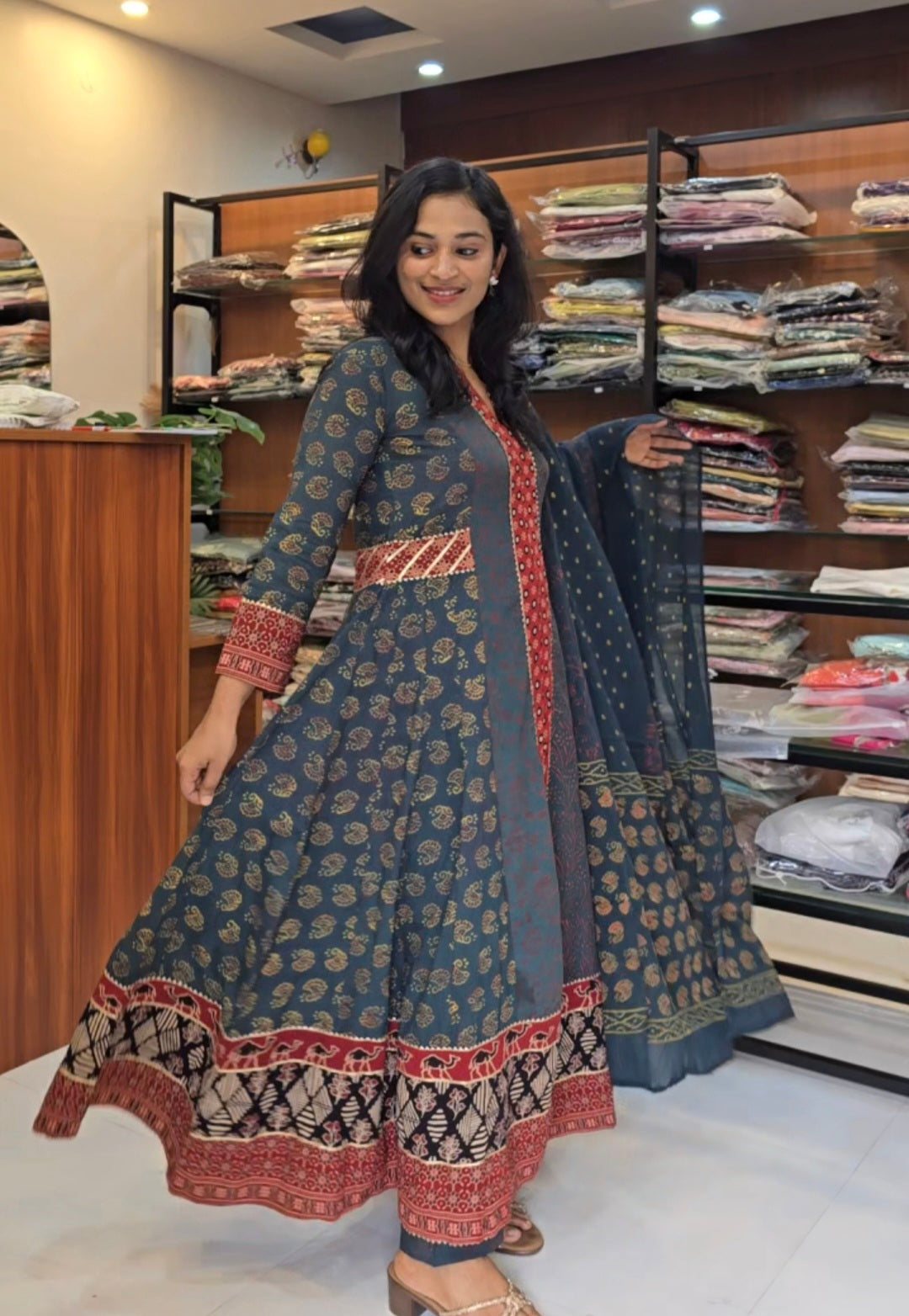 Green Full Flair Ajrakh Suit