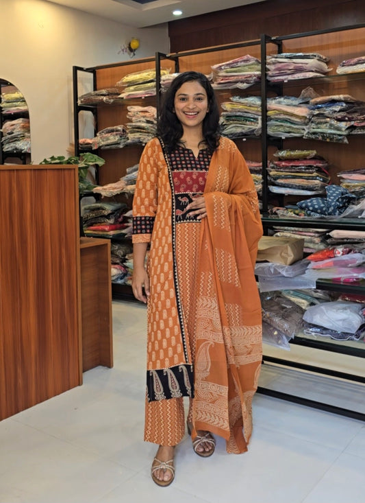 Orange Handblock Print Salwar Set