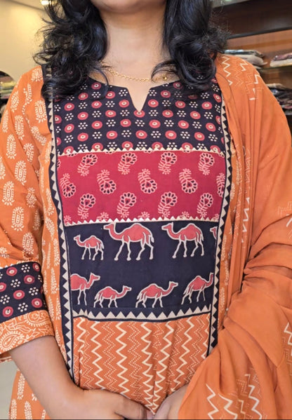 Orange Handblock Print Salwar Set