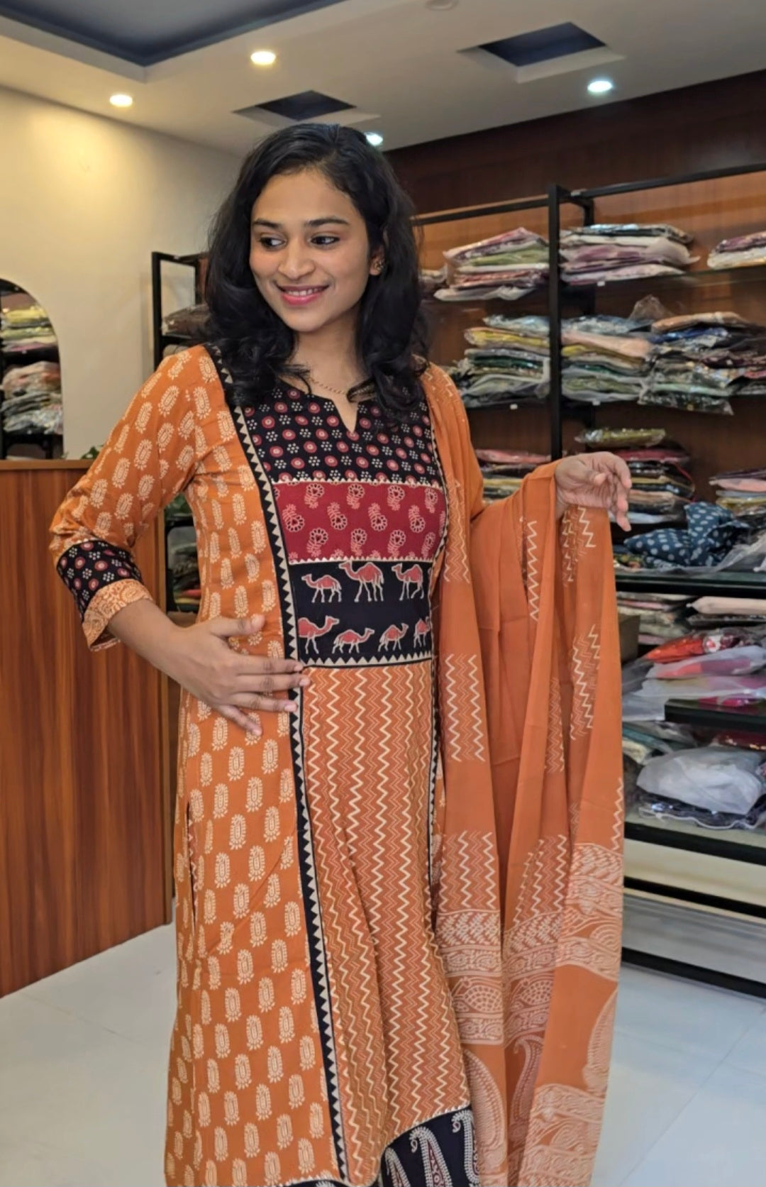 Orange Handblock Print Salwar Set