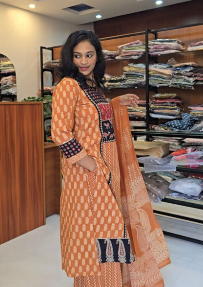 Orange Handblock Print Salwar Set