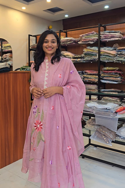 Pink Mul Chanderi A line Salwar Set