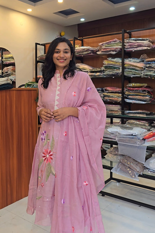 Pink Mul Chanderi A line Salwar Set
