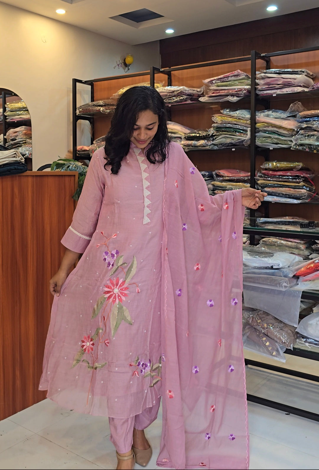 Pink Mul Chanderi A line Salwar Set