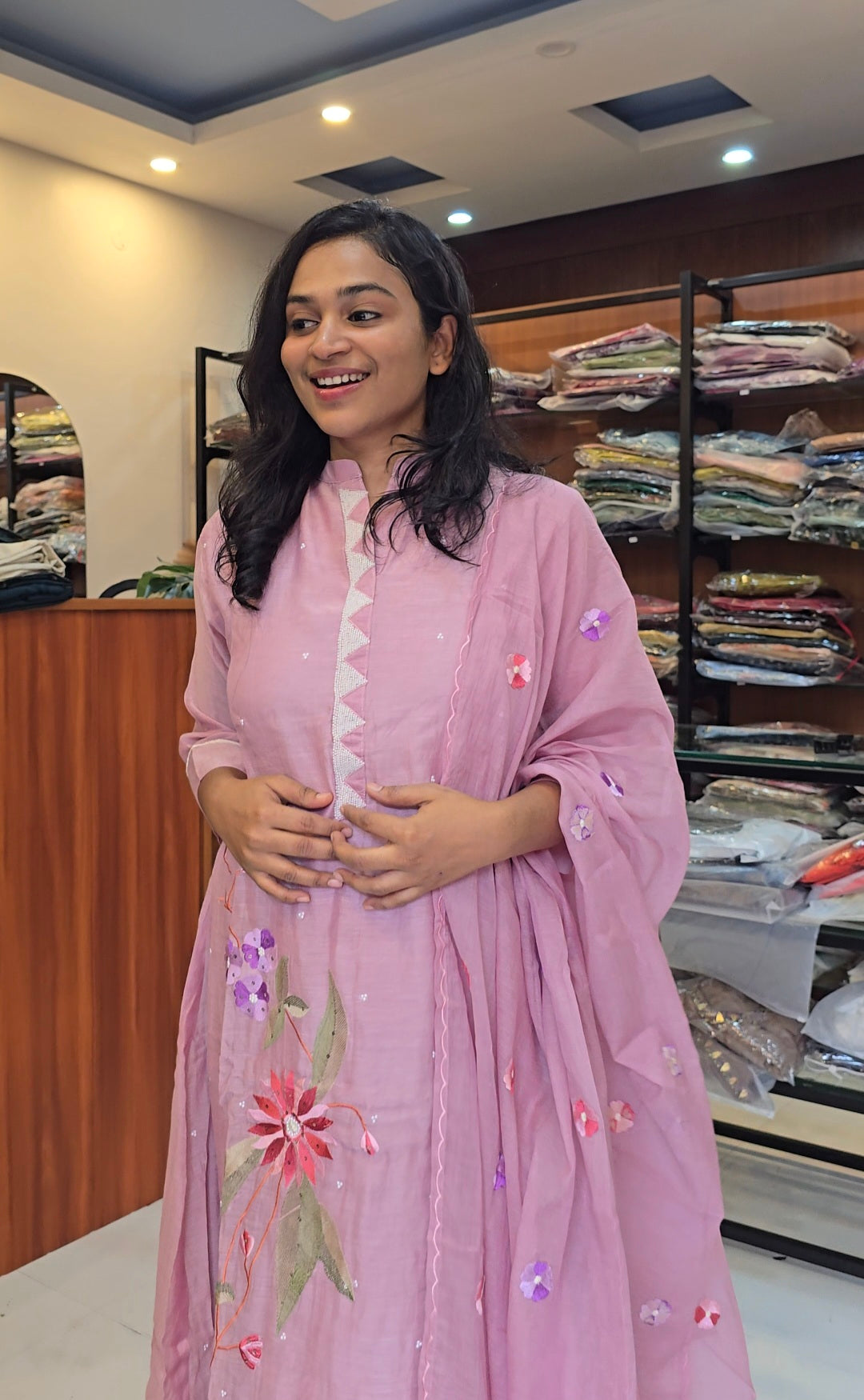 Pink Mul Chanderi A line Salwar Set