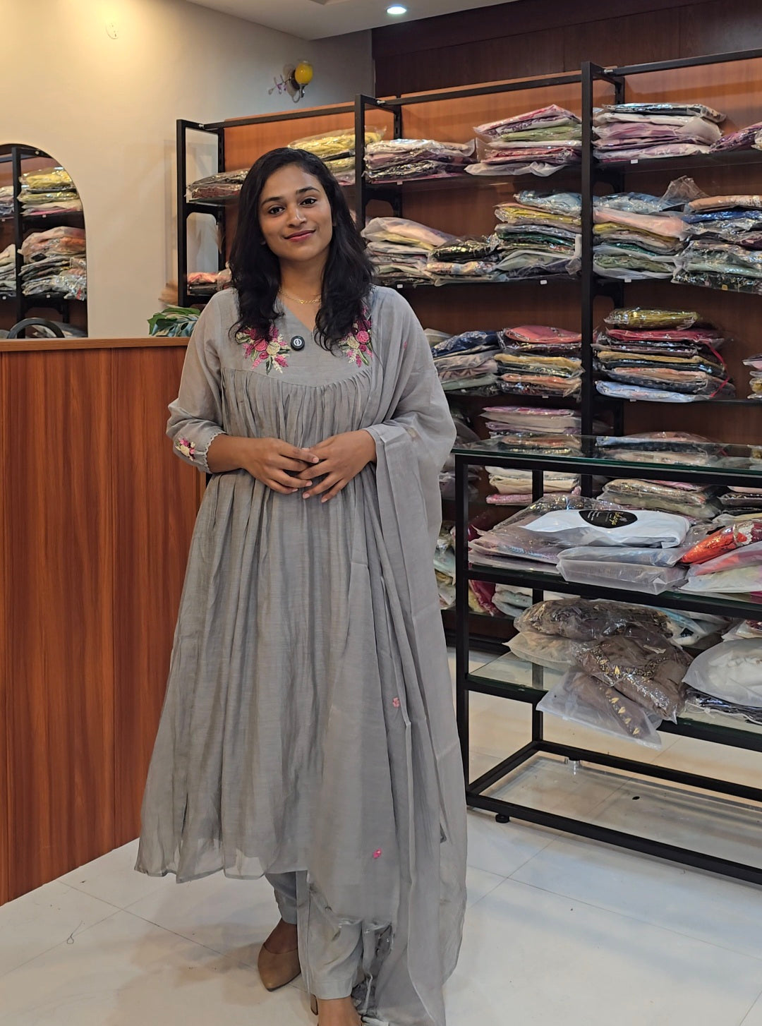 Grey Mul Chanderi A line Salwar Set