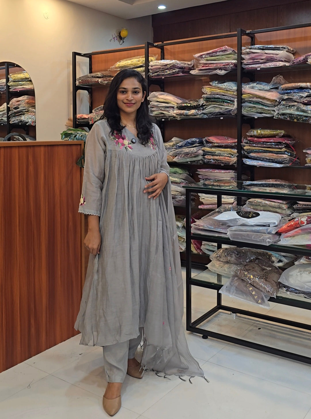 Grey Mul Chanderi A line Salwar Set