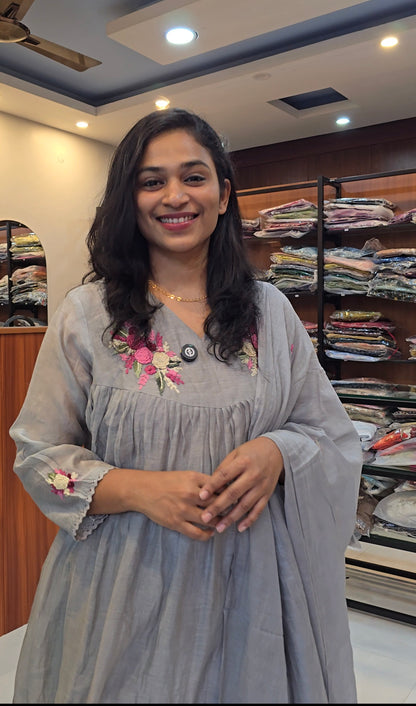 Grey Mul Chanderi A line Salwar Set