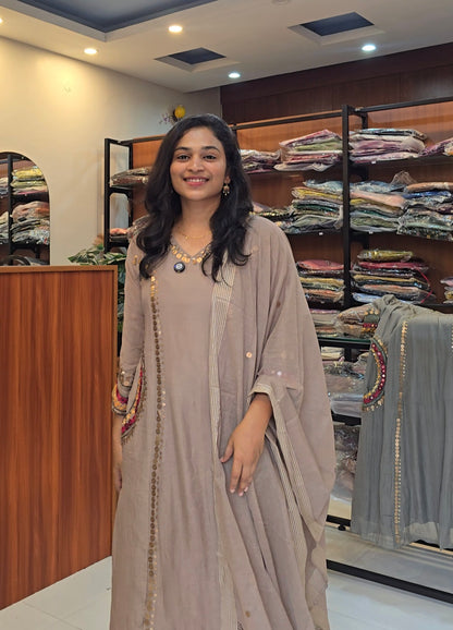 Beige Mul Chanderi A line Salwar Set