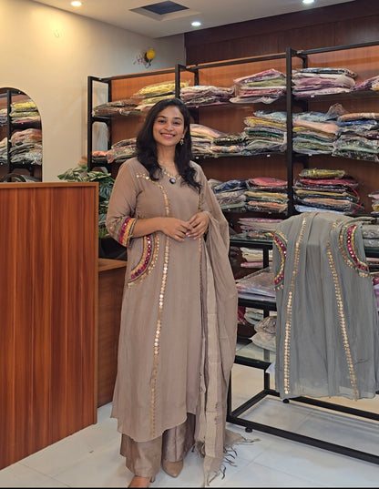 Beige Mul Chanderi A line Salwar Set