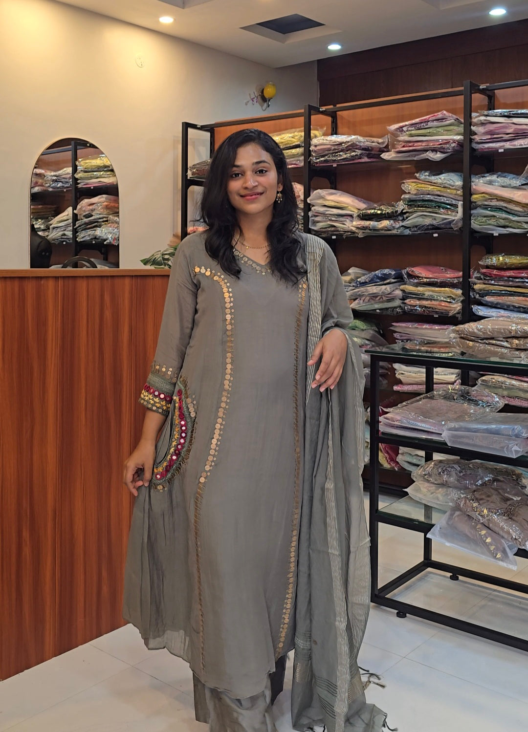 Grey Mul Chanderi A line Salwar Set