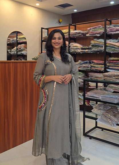 Grey Mul Chanderi A line Salwar Set