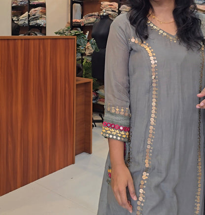 Grey Mul Chanderi A line Salwar Set