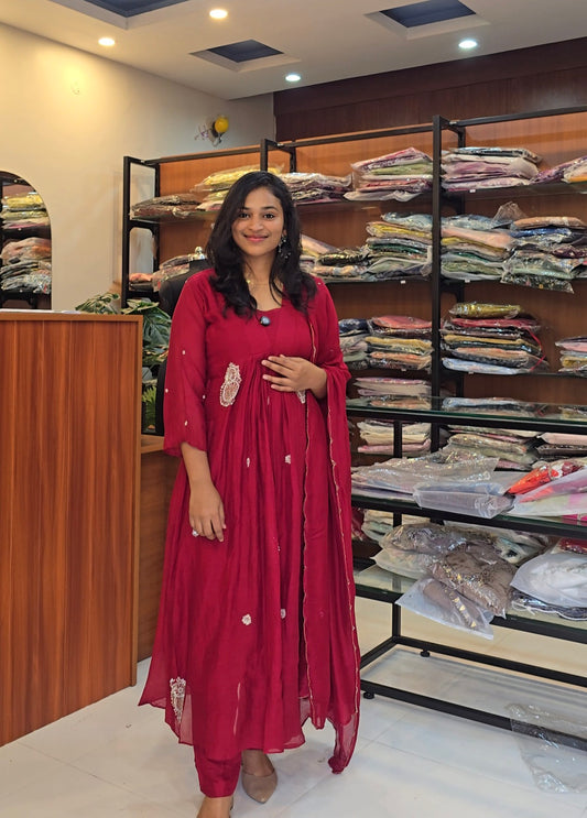 Red Mull Chanderi A line Salwar Set