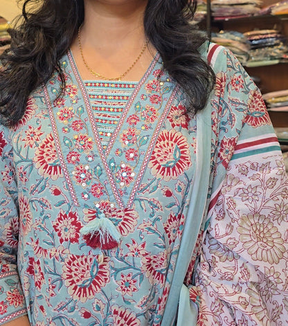 Turquoise Printed Cotton Anarkali Set
