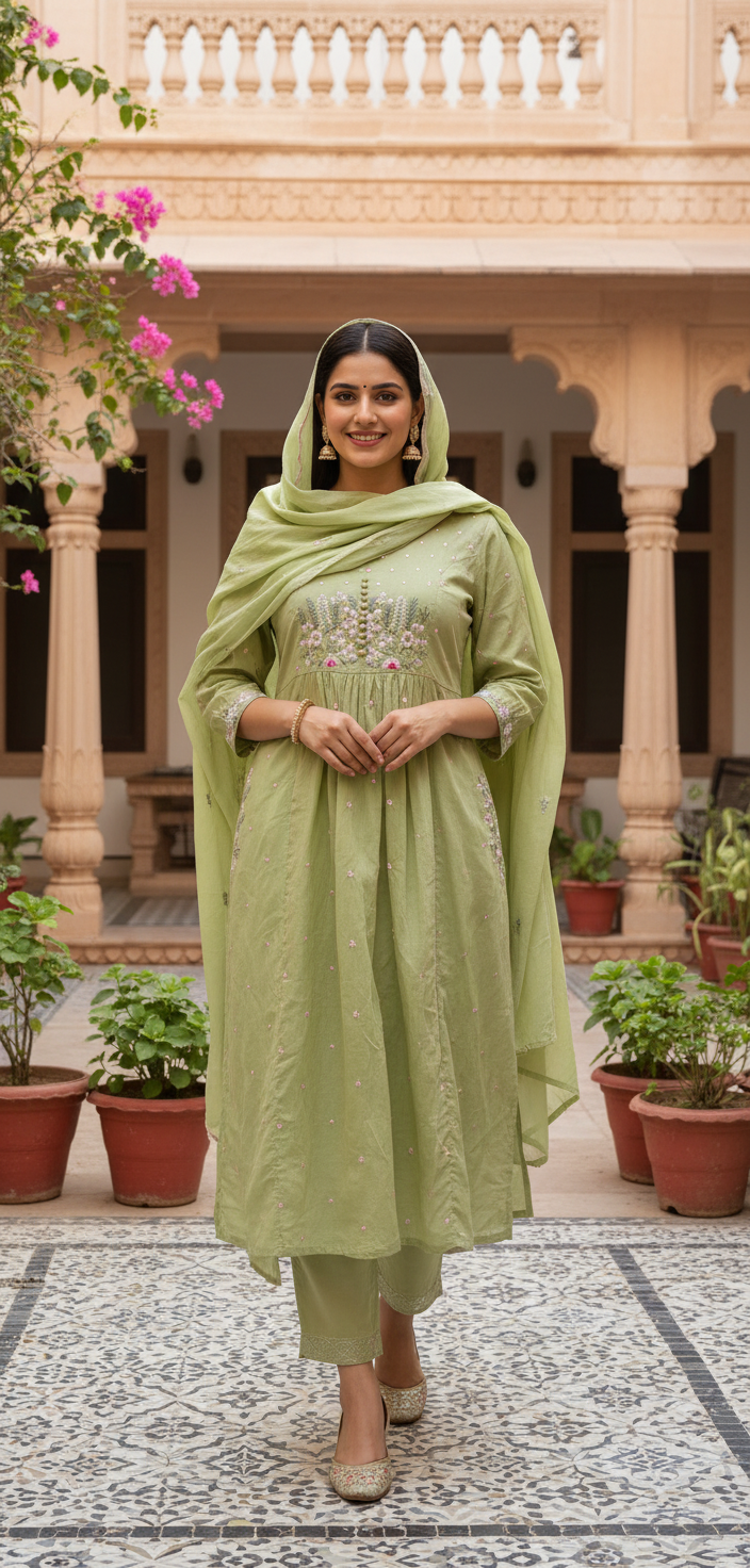Green Embroidery Mul cotton A-line  Kurti Pant Dupatta set