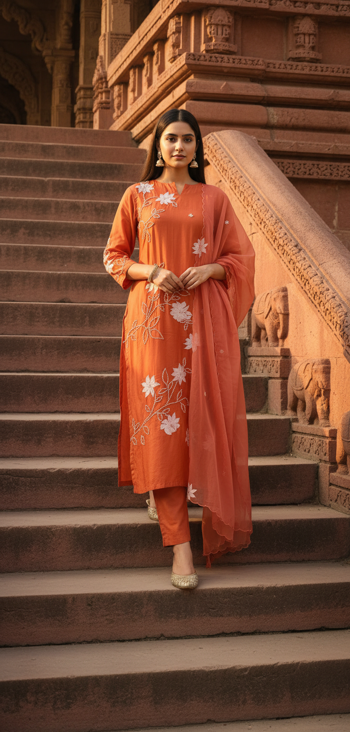 Orange Muslin silk suite set