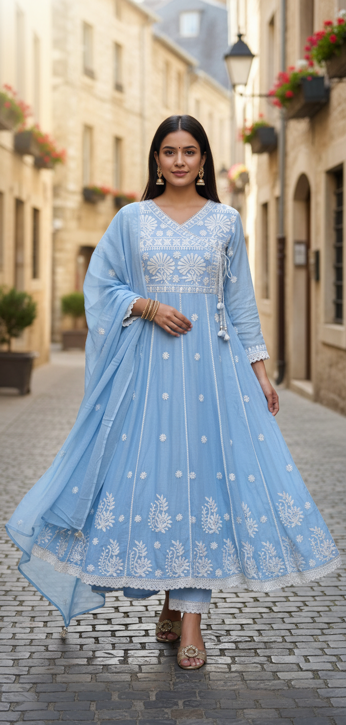 Blue Mul Cotton Chickankari Anarkali Dupatta Pant Set